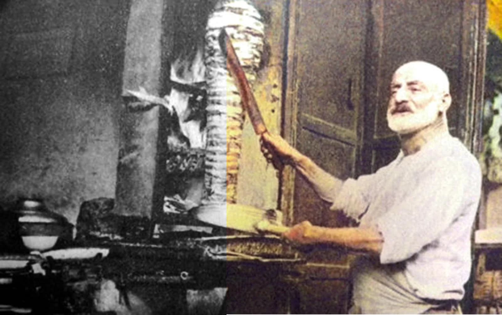 Archival photograph of Hamdi Usta beside a vertical döner spit